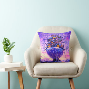 Cojín Decorativo Paisaje de pueblo de árbol nevado de fantasía de i