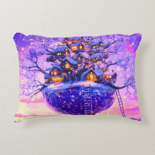 Cojín Decorativo Paisaje de pueblo de árboles nevados de fantasía i