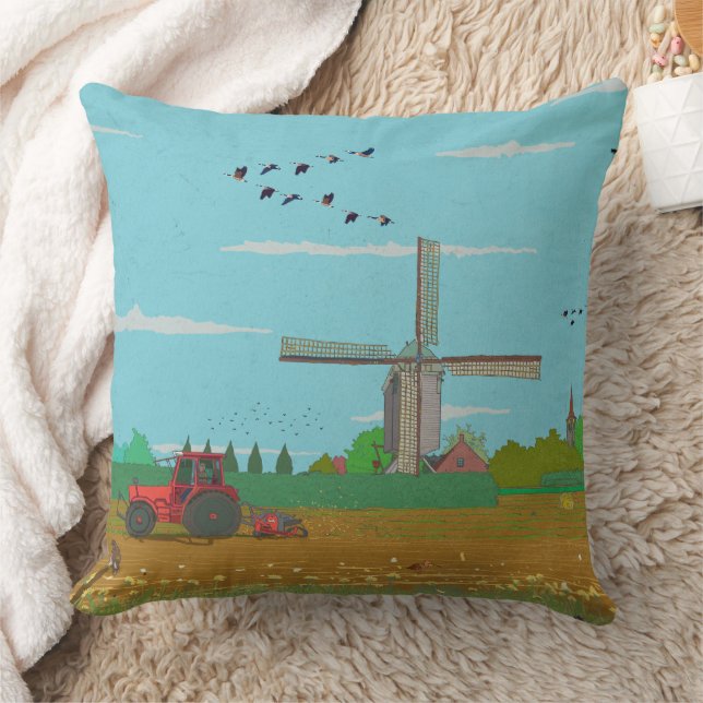 Cojín Decorativo Paisaje del campo del molino de viento holandés (Manta)