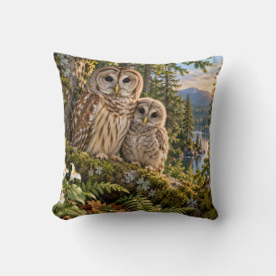 Cojín Decorativo Paisaje del lago del bosque de la familia de búhos