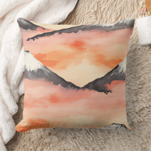Cojín Decorativo Paisaje en acuarela de Montaña Nevada con Puesta d