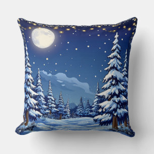 Cojín Decorativo Paisaje forestal nevado bajo una noche iluminada p