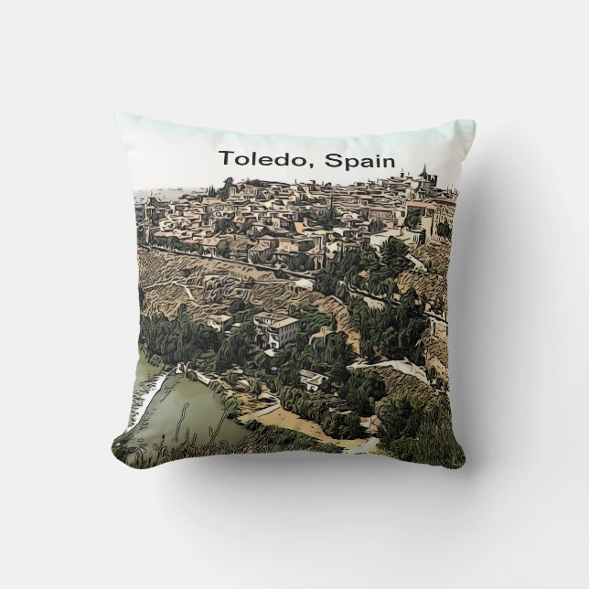 Cojín Decorativo Paisaje ilustrado de Toledo, España (Anverso)