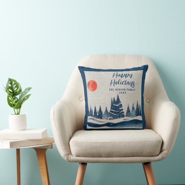 Cojín Decorativo Paisaje invernal Bosque Moon Navy Dibujo Azul (Silla)