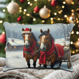 Cojín Decorativo Paisaje invernal con caballos y cabinas