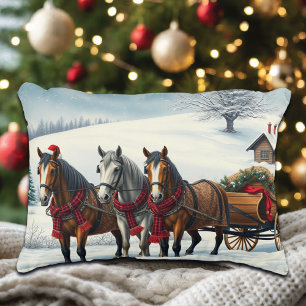 Cojín Decorativo Paisaje invernal con caballos y cabinas
