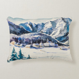 Cojín Decorativo Paisaje invernal con pueblo de montaña cubierto de