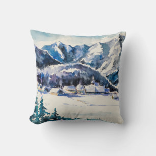 Cojín Decorativo Paisaje invernal con pueblo de montaña cubierto de