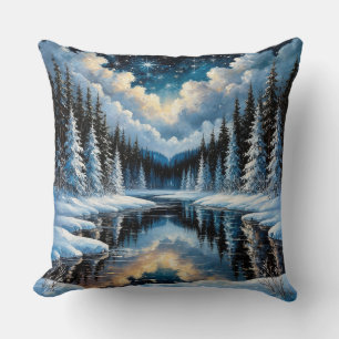 Cojín Decorativo Paisaje invernal estrellado con árboles nevados