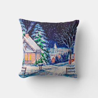 Cojín Decorativo Paisaje invernal nevado. Casa de campo. NAVIDADES