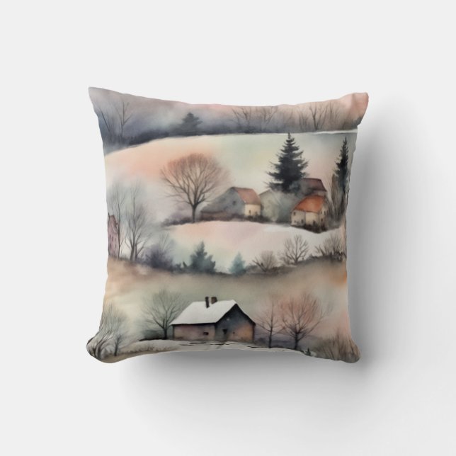 Cojín Decorativo Paisaje invernal Pastel acuarela (Anverso)