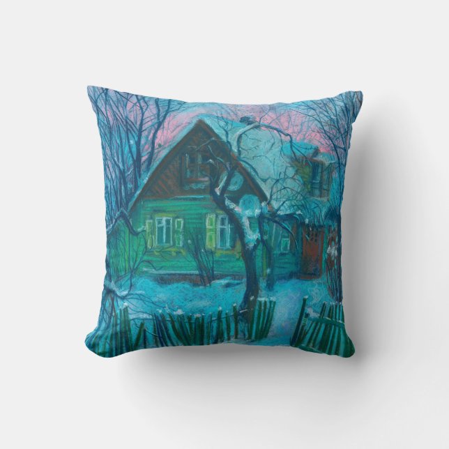 Cojín Decorativo Paisaje invernal Vieja Casa de Campo Pintada Paste (Anverso)