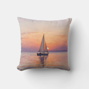 Cojín Decorativo Paisaje marino al atardecer en acuarela de barco d