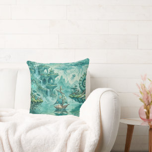 Cojín Decorativo Paisaje marino surreal de ensueño en verde cian