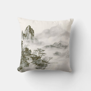 Cojín Decorativo Paisaje minimalista de montaña zen con tinta brumo