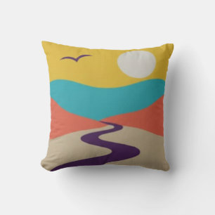 Cojín Decorativo Paisaje minimalista del atardecer con río y pájaro