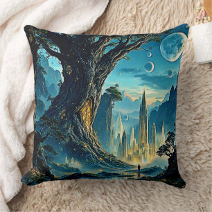 Cojín Decorativo Paisaje místico de la ciudad del árbol