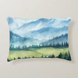Cojín Decorativo Paisaje montañoso, acuarela ilustrativa artística