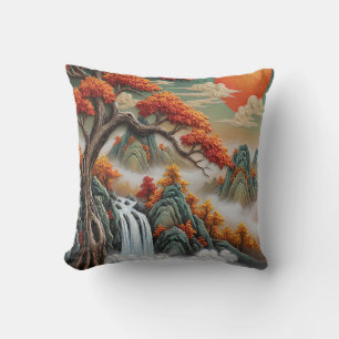Cojín Decorativo Paisaje montañoso de otoño con cascada