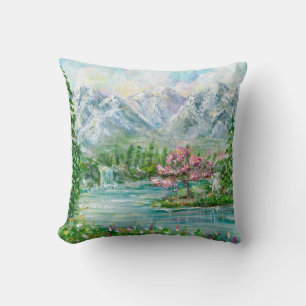 Cojín Decorativo Paisaje montañoso de primavera. Mano acrílica orig
