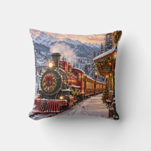 Cojín Decorativo Paisaje montañoso del tren de Navidad