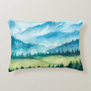Cojín Decorativo Paisaje montañoso. Ilustracion acuático.