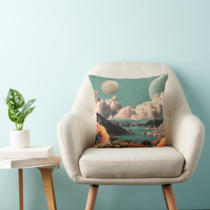 Cojín Decorativo Paisaje Montañoso Surrealista con Planetas y Nubes