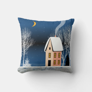 Cojín Decorativo Paisaje nocturno de invierno. Casa acogedora, arbo