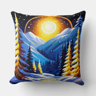 Cojín Decorativo Paisaje nocturno invernal con montañas nevadas
