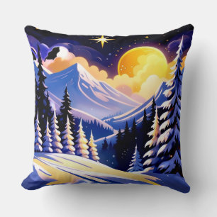 Cojín Decorativo Paisaje nocturno invernal con montañas nevadas