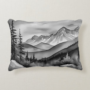 Cojín Decorativo Paisaje pintado en blanco y negro de las montañas