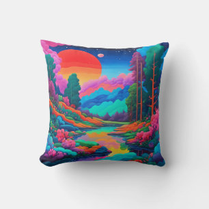 Cojín Decorativo paisaje psicodélico arte rosa verde