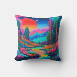 Cojín Decorativo Paisaje psicodélico arte verde rosa