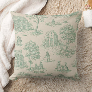 Cojín Decorativo Paisaje Toile de Granja Verde Salvia Vintage