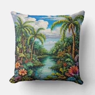Cojín Decorativo Paisaje tropical vibrante con palmeras