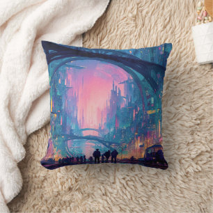 Cojín Decorativo Paisaje urbano ciberpunk futurista con arcos brill