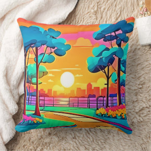 Cojín Decorativo Paisaje urbano de la ciudad del atardecer vibrante