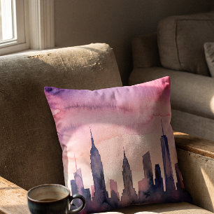 Cojín Decorativo Paisaje urbano en acuarela Índigo Pastel Rosa Skyl