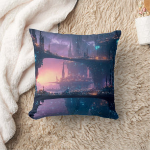 Cojín Decorativo Paisaje urbano futurista al anochecer