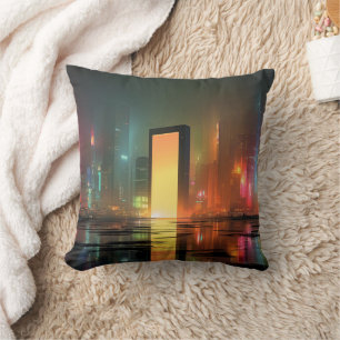 Cojín Decorativo Paisaje urbano futurista con reflejos de neón