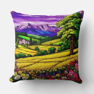 Cojín Decorativo Paisaje vibrante del campo y vistas de montañas