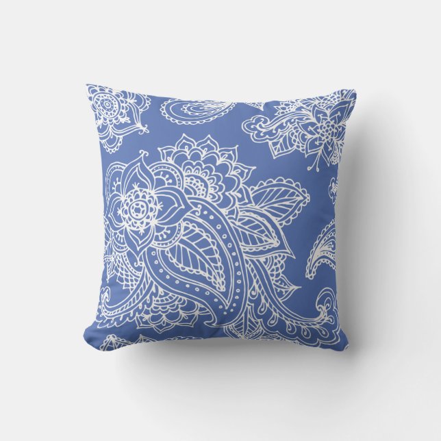Cojín Decorativo Paisley Henna, bohemiana ilustrada con azul (Anverso)