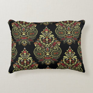 Cojín Decorativo Paisley indio, fondo geométrico negro