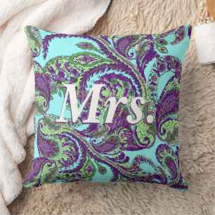 Cojín Decorativo Paisley pastoral morado y novias verdes