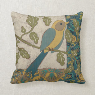 Cojín Decorativo Pájaro azul amarillo y Verde azulado encaramado e
