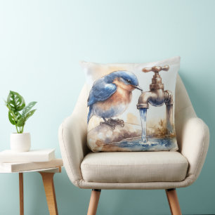 Cojín Decorativo Pájaro azul con agua flotante fuera de grieta