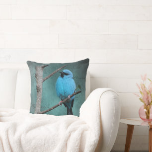 Cojín Decorativo Pájaro Azul en Rama Arte Mixto