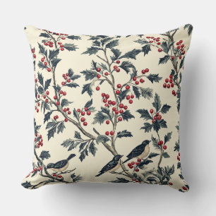 Cojín Decorativo Pájaro Cantante Elegante Acebo Invierno Crema Patr
