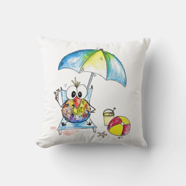 Cojín Decorativo Pájaro caprichoso en la playa (Anverso)