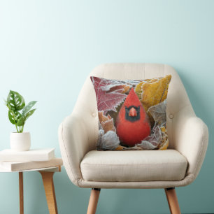 Cojín Decorativo Pájaro Cardinal Rojo en Hojas de Otoño Heladas